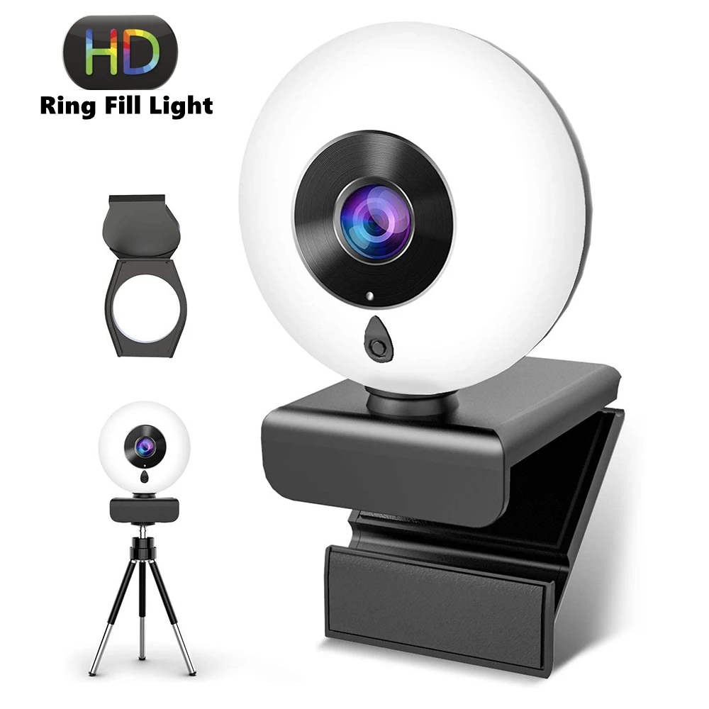 

Webcam 2K USB Camera With Microphone Ring Light Privacy Cover Tripod HD Computer Web Camera for PC/MAC/Desktop Laptop HD Camera