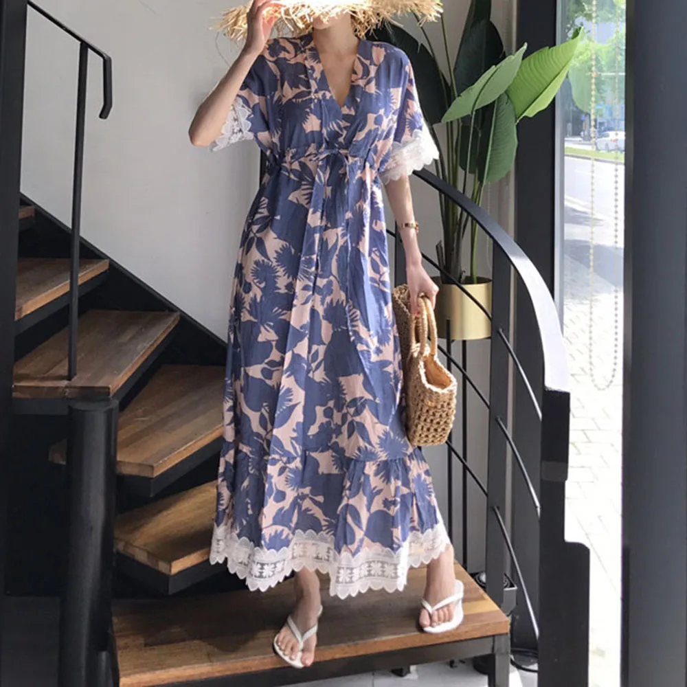 

2021 Summer New Korean Fashion Lace Splicing Long Women's Dress Printing Loose Casual Simple V-neck Summer Oversize