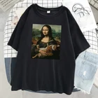 Женская футболка с принтом Мона Лиза и кот, с круглым вырезом