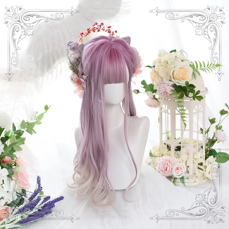 

Female Light Purple Long Straight Bangs Wig Hair Tail Pink Gradual Change Women Natural Synthetic Wigs Cosplay Party