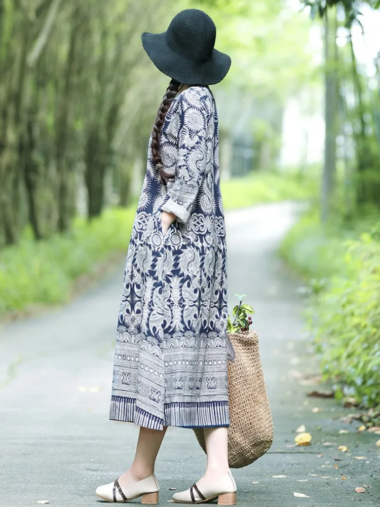 

Women Vintage Print Long Dress New 2021 Spring Arts Style O-neck Loose Comfortable Cotton Linen Female Casual Dresses S3179