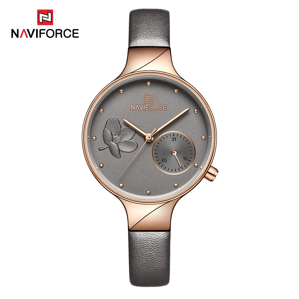 Grey NAVIFORCE женские часы модные повседневные женские кварцевые женские водонепроницаемые часы наручные часы с кожаным ремешком datereloj mujer - Цвет: Grey