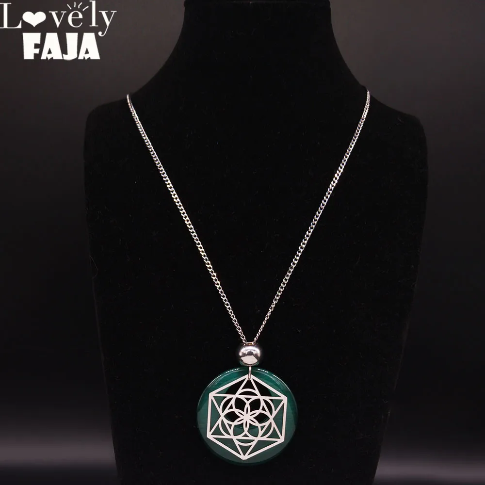 

Yoga Flower of Life Stainless Steel Chain Necklace Women Green Silver Color Big Opal Necklaces Pendants Jewelry colgante N202339