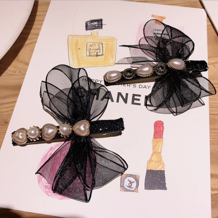 

High Quality Korean Lace Pearl Button Bowknot Women Hair Clips Hairband Bobby Pin Barrette Hairpins Headdress Beauty Accessories
