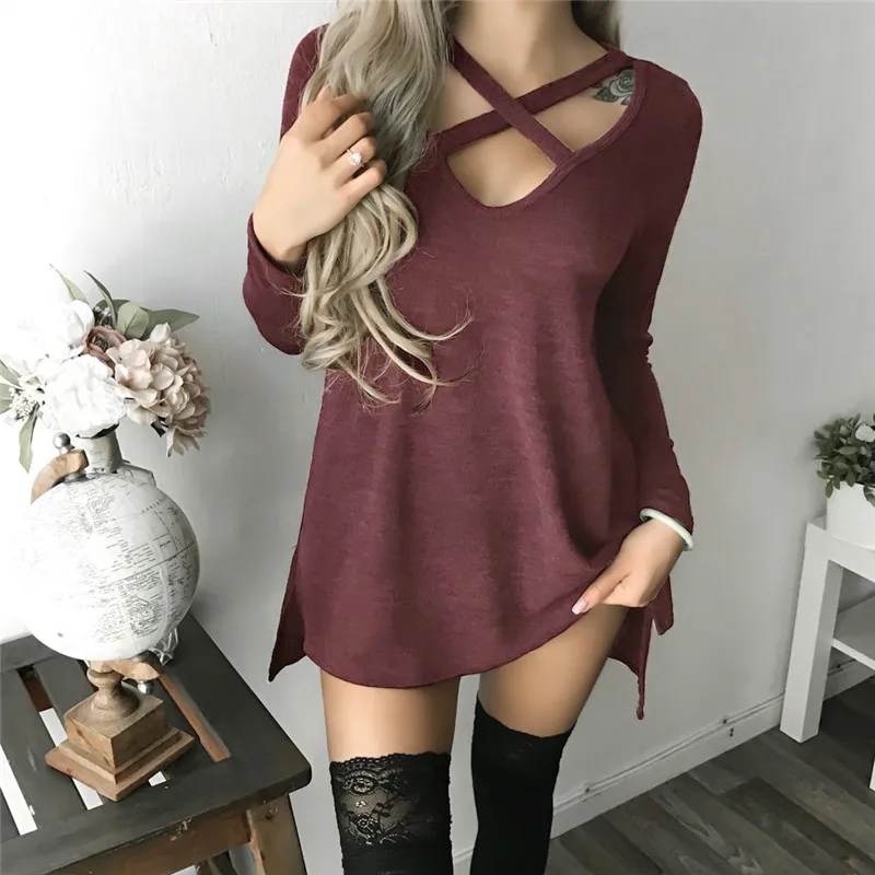 

Arrival Women's Autumn Short Skirt Long Sleeve Hollow V-neck Irregular Sexy Dress Pure Color Casual Straight Mini Dress