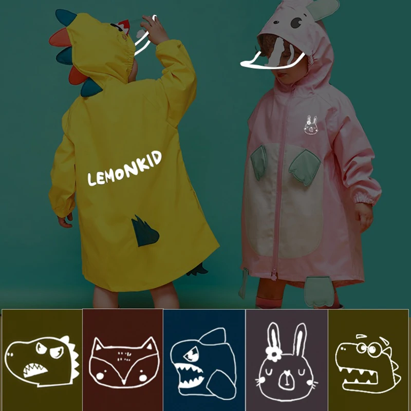 Плащ дождевик желтый с мультяшным принтом милый длинный изображением животных