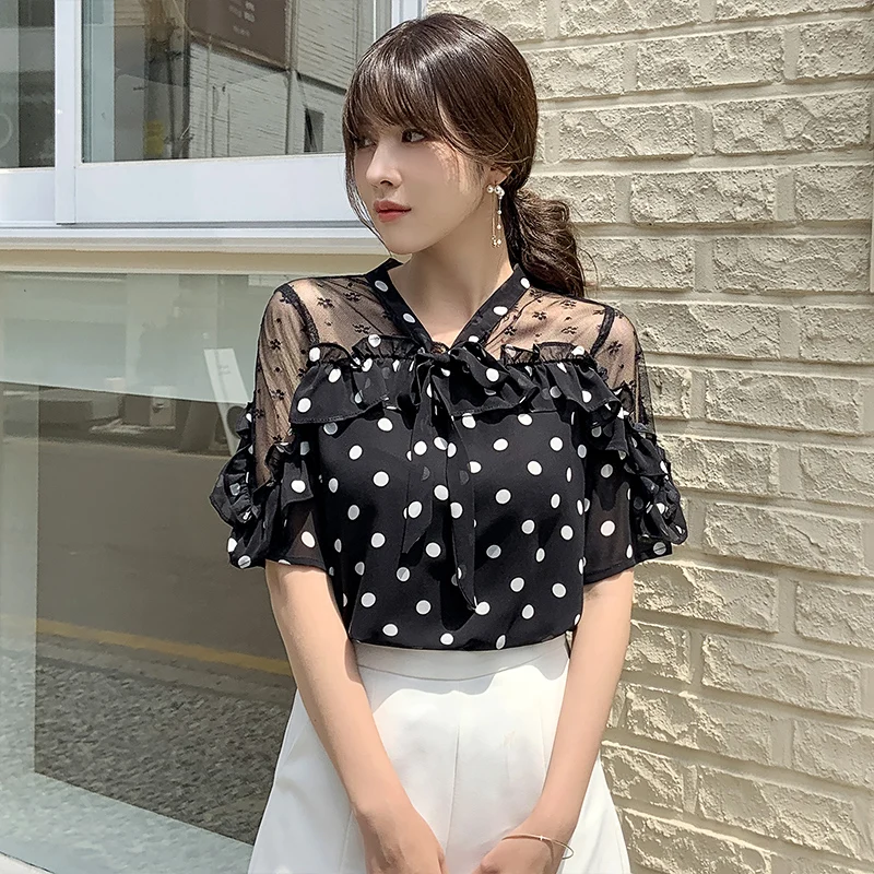 Women Blouses 2020 Fashion Short Sleeve Chiffon Shirt Polka Dot Shirt Top Blusa Womens Tops and Blouses