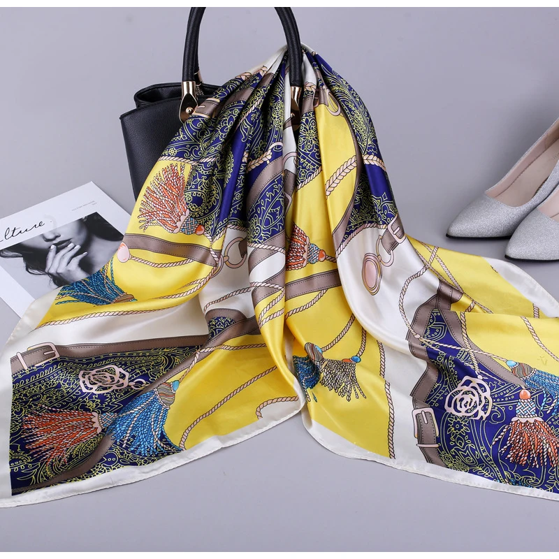 Женский Шелковый атласный шарф хиджаб с принтом квадратные шарфы и шали для