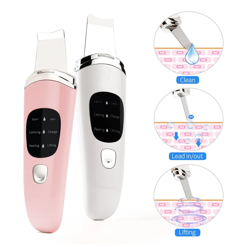 

Ультразвуковой скребок для кожи лица Ион глубокое очищение лица пилинг перезаряжаемый высокочастотный Вибрационный очиститель пор скрубб...