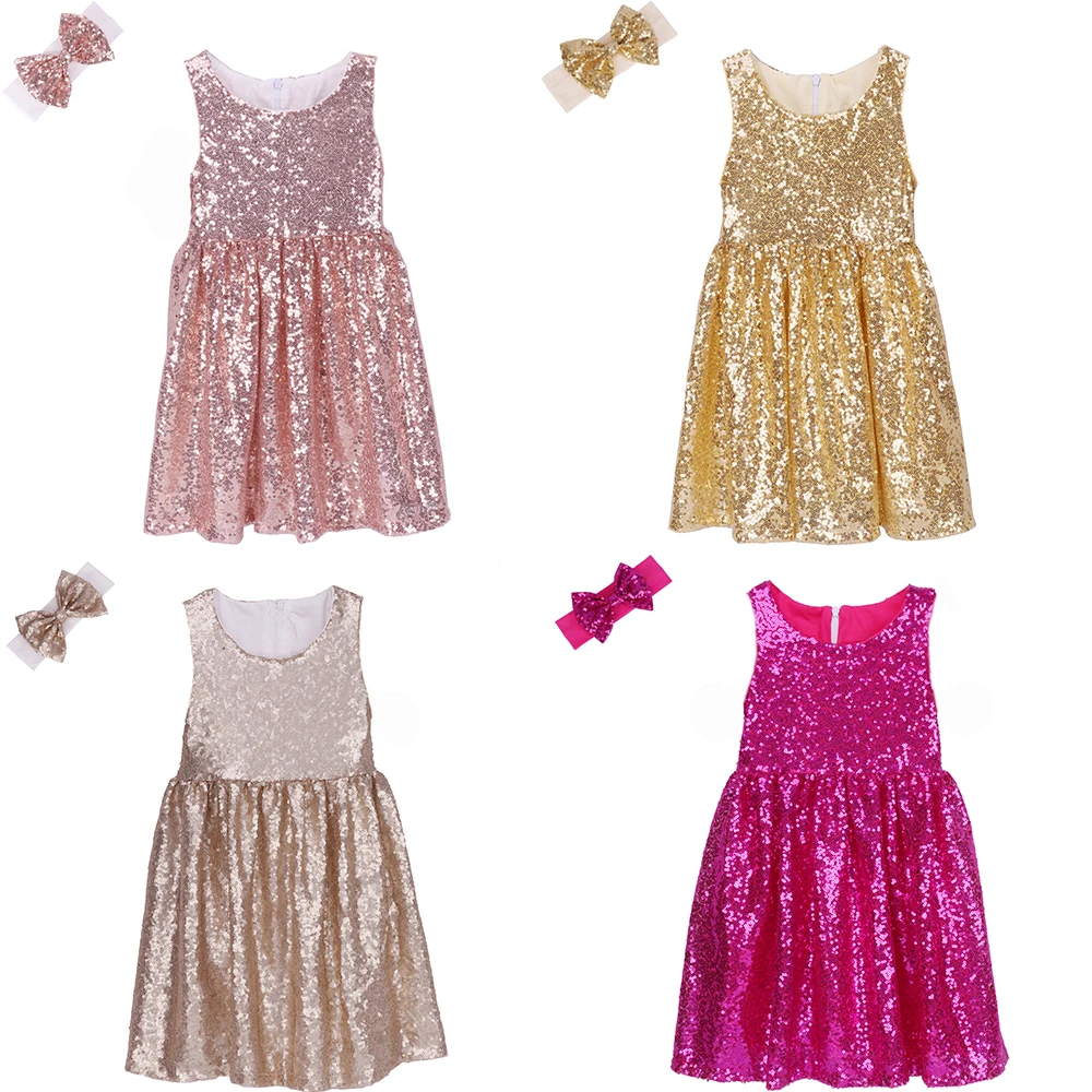 Ярко-розовый Радужный Блеск платье без рукавов с блестками для маленьких девочек