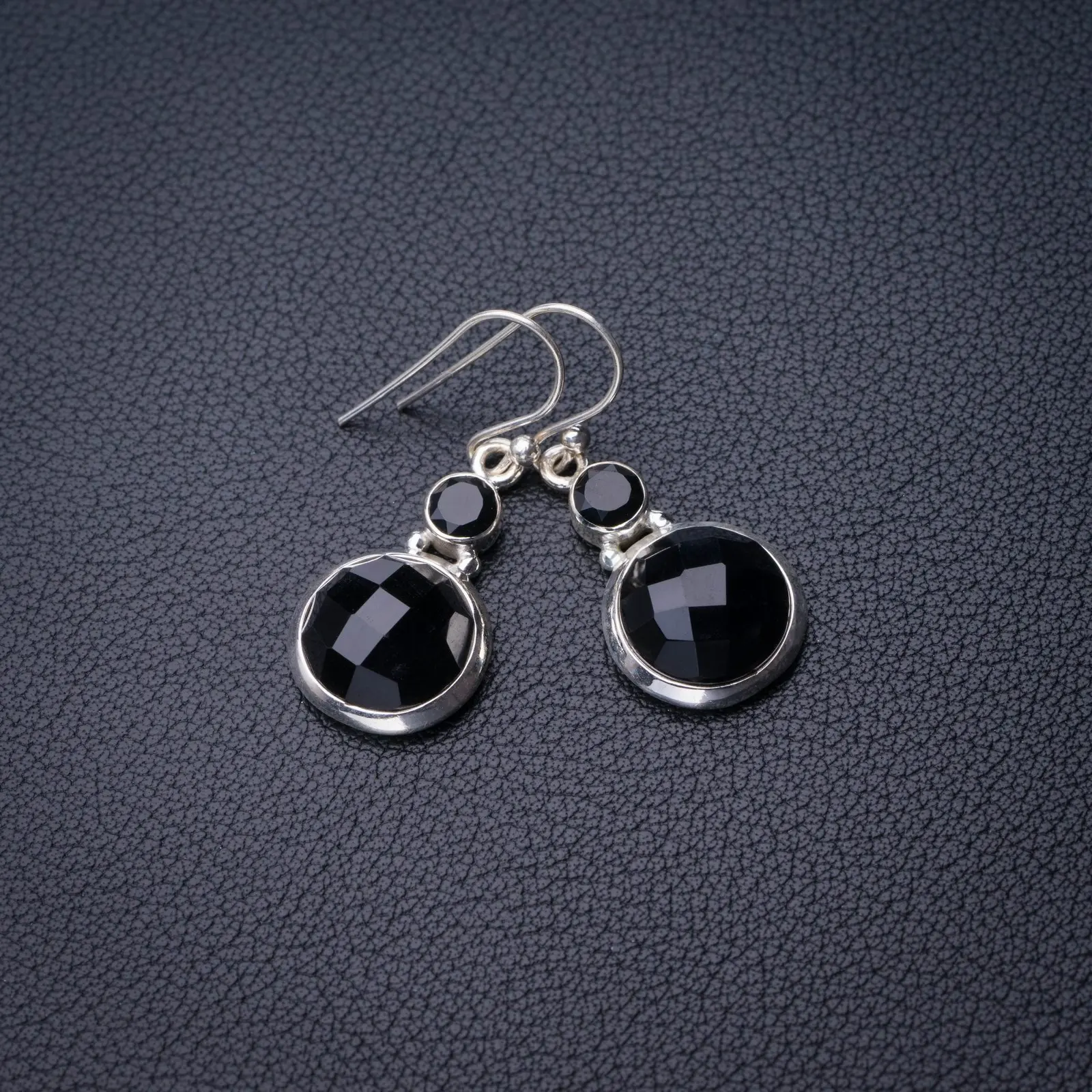 

StarGems Natural Black Onyx Handmade 925 Sterling Silver Earrings 1.5" D7679