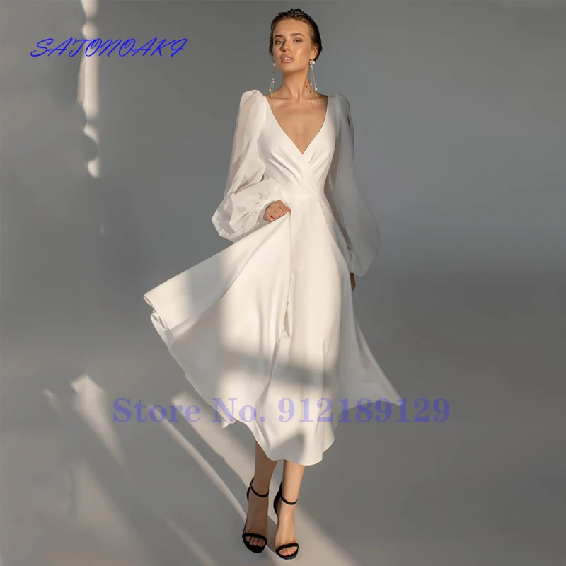 

Женское Короткое свадебное платье It's yiiya, белое ТРАПЕЦИЕВИДНОЕ ПЛАТЬЕ С V-образным вырезом, рукавами-фонариками и открытой спиной на лето 2019