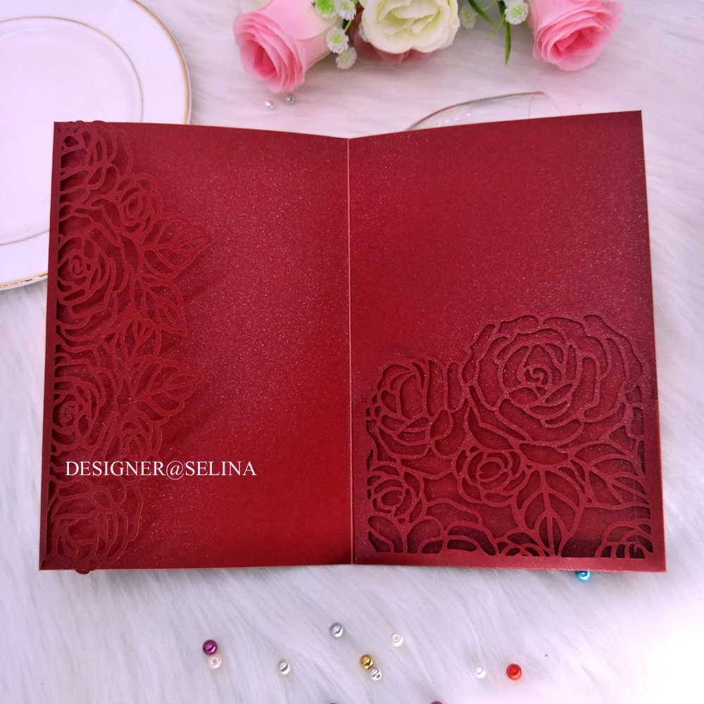 Карманное Свадебное приглашение с красной лазерной резкой и блестящим