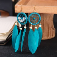 2021 bohemia women natural wood coffee feather tassel earrings summer indian jewelry tibetan dream catcher drop dangle earrings