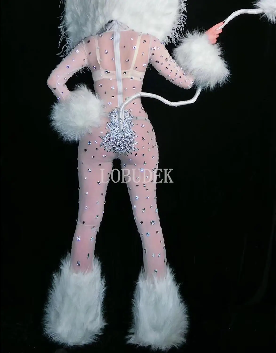 

Rhinestones See-through Jumpsuit White Feather Sleeve Stretch Mesh Leggings Rompers Singer Dancer Nightclub Bar Crystal Costume