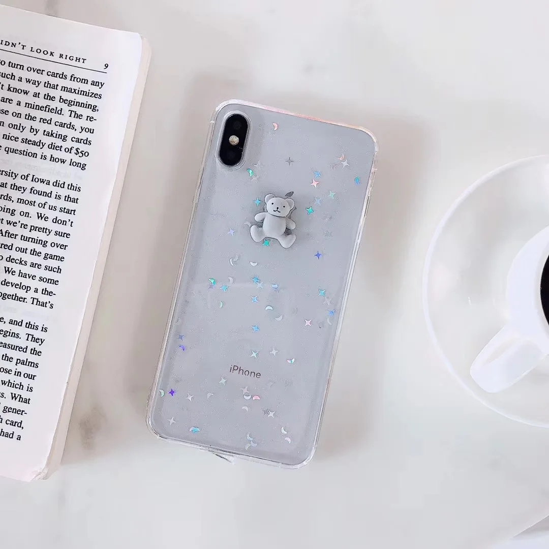 INS Korea Cool Cute Cartoon 3D Bear phone case for iphone Xs MAX XR X 6 6s 7 8 plus Star moon Clear Soft TPU Back Cover |