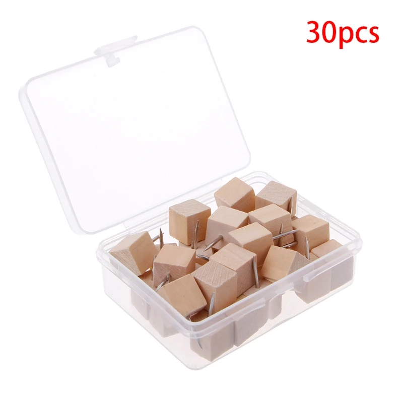 

30 Pcs Wooden Thumbtack Quadrate Creative Decorative Drawing Push Pins Wood Head K3KE