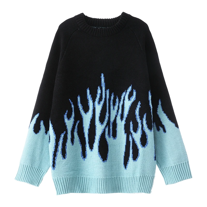 Свободный жаккардовый свитер в корейском ретро-стиле унисекс с рисунком пламени