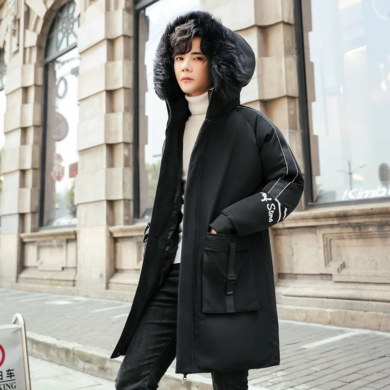 Winter Hooded Mens Mid-Length Cotton-Padded Jackets Outwear Thick Warm Parkas Faux Fur Collar Long Coat Male Tops Windbreaker