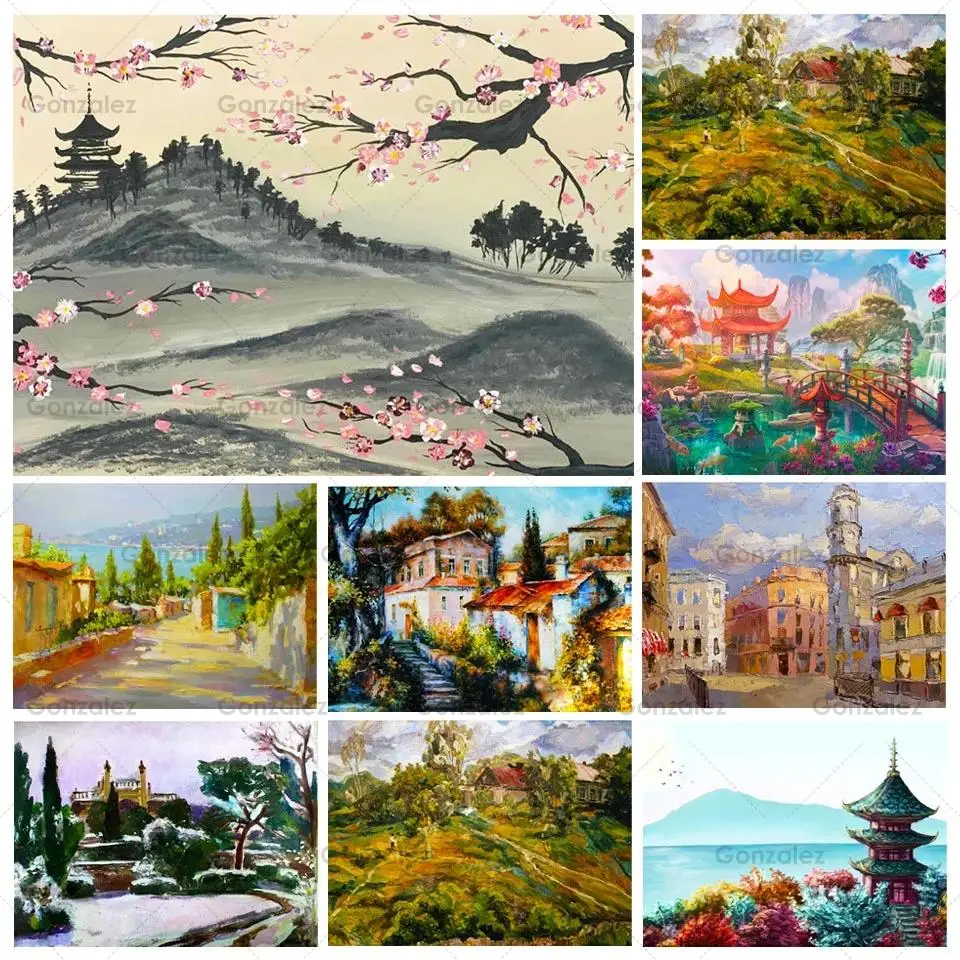 

Diy Round/square Diamond Embroidery Kits Oil Painting Village Scenic Cross Stitch Rhinestone Mosaic Home Decoration Handicrafts