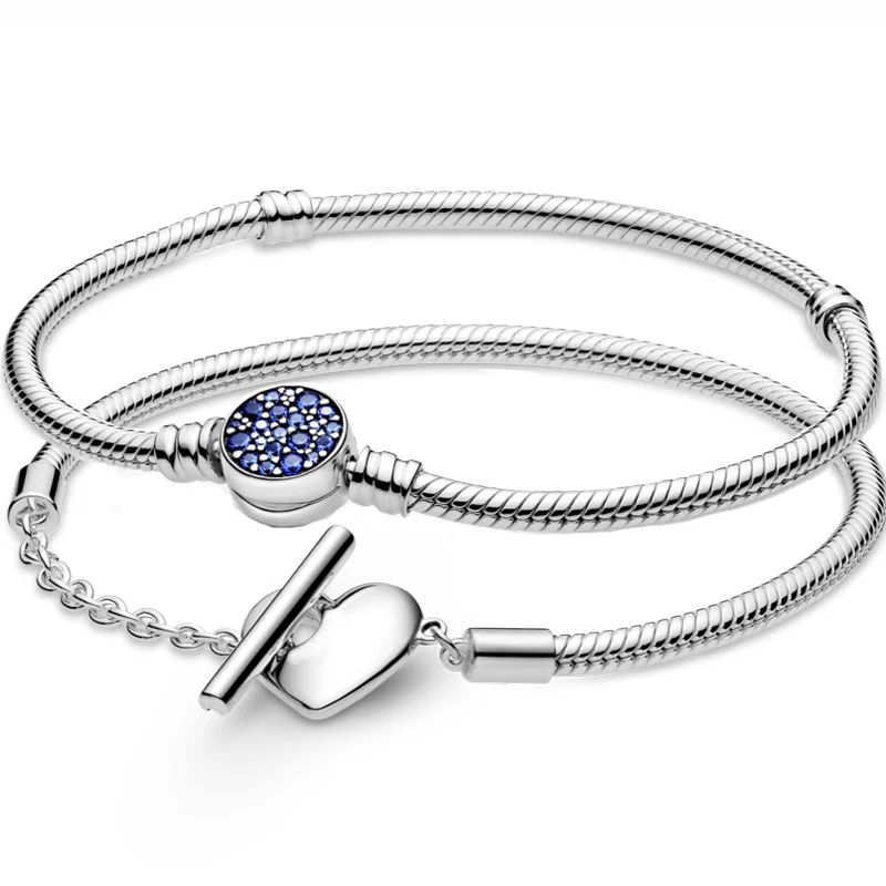 

Moments Heart T-bar Sparkling Blue Disc Clasp Snake Chain 925 Sterling Silver Bracelet Fit Fashion Bangle Bead Charm Diy Jewelry