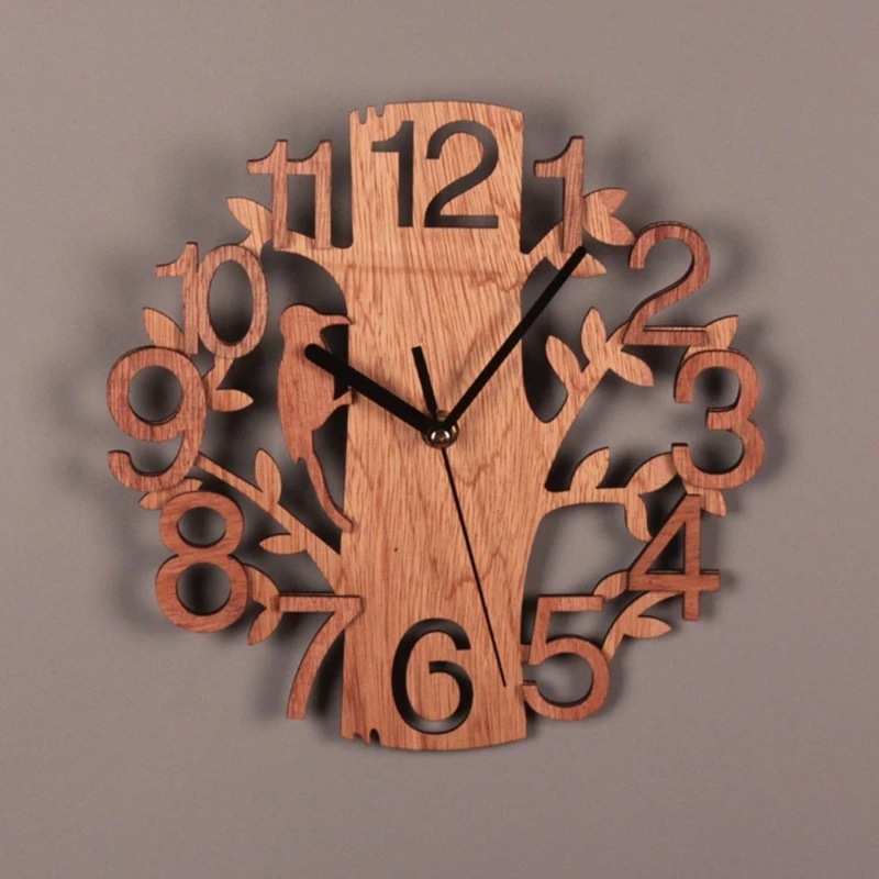 Q9QF Wooden Tree Shape Wall Clock Hanging DIY Round Watches Battery Operated for Office Living Room Home Decoration Supplies