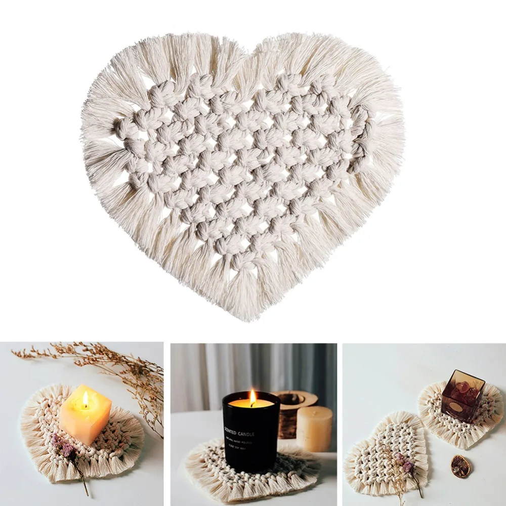 

Nordic Style Hand-woven Cotton Rope Tassels Round Square Heart-shaped Non-slip Insulation Bowl Mat Placemat Coaster Home Decor
