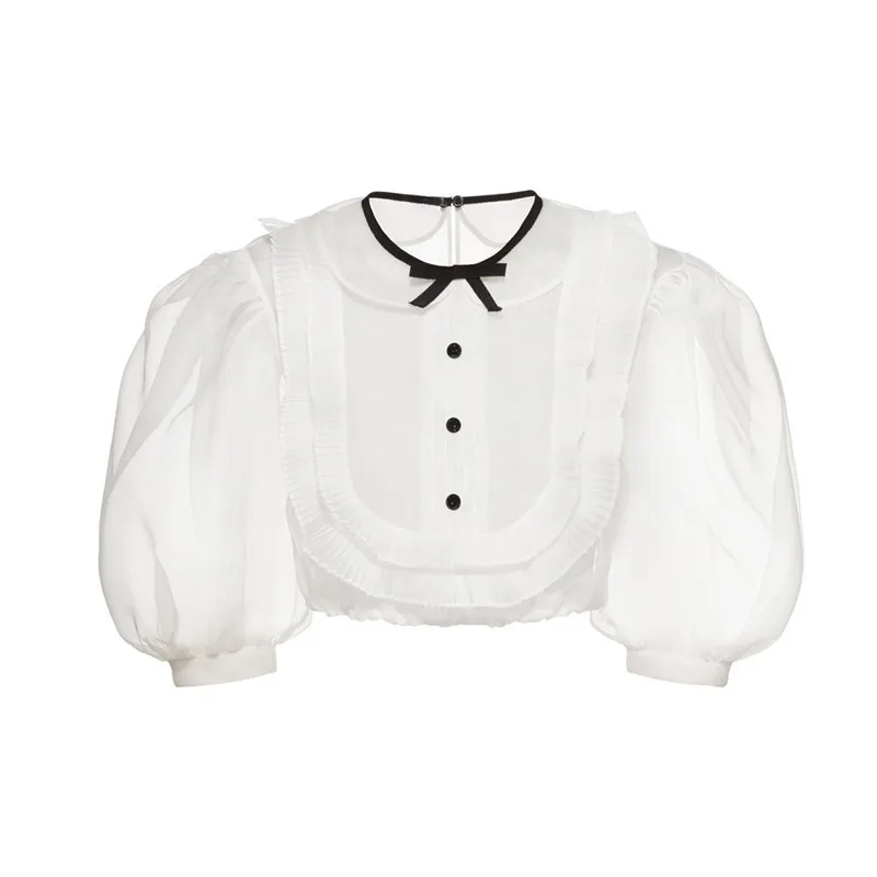 

Elegant White Ruffles Puff Sleeve Organza Blouses Womens Spring Korean Fashion Top Women 2020
