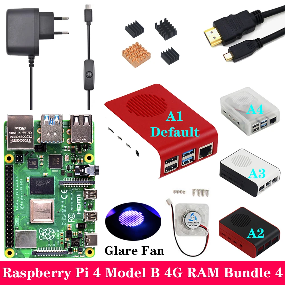 Raspberry Pi 4, 2 ГБ, 4 Гб ОЗУ, чехол из АБС-пластика, вентилятор с бликами, 3 А, адаптер питания, кабель Micro HDMI для Raspberry Pi 4, Модель B, Pi, 4B, Pi4 - Комплект: Комплект 4