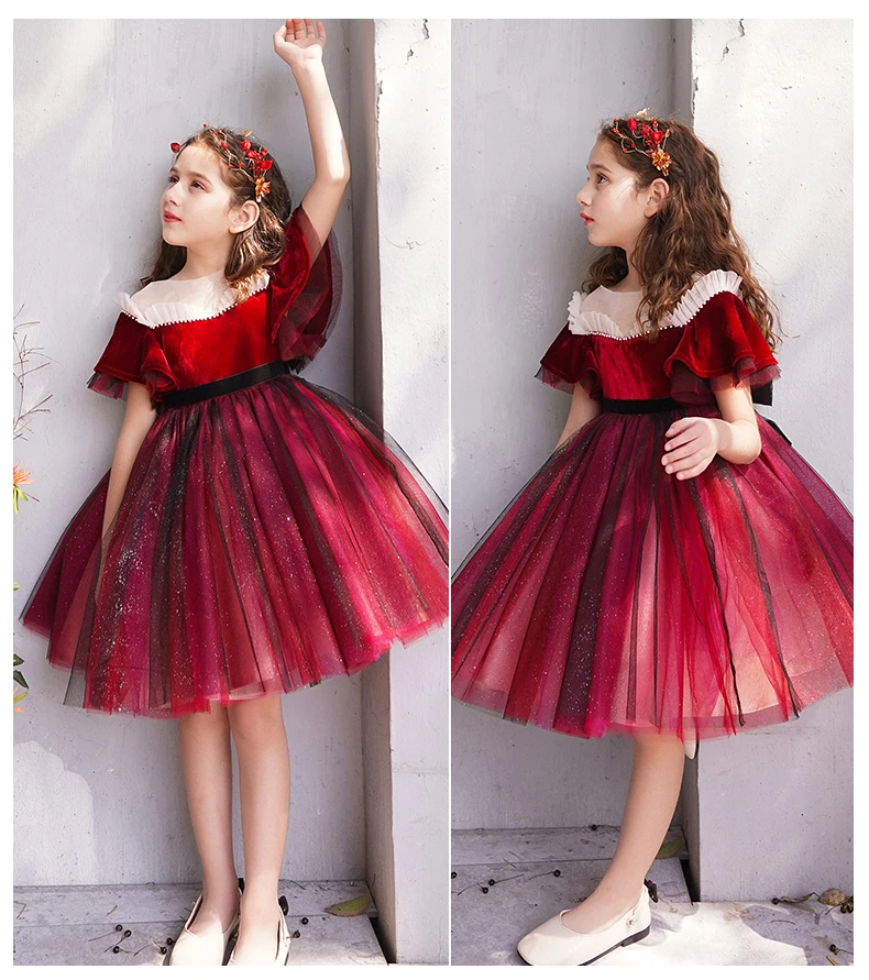 Новинка Бордовые Платья с цветочным узором для девочек праздничные платья