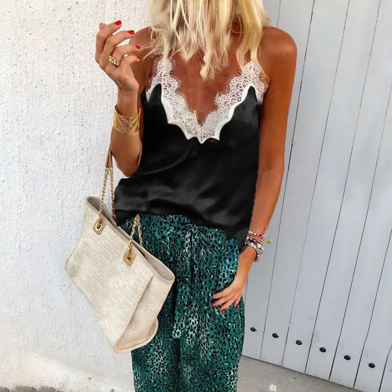 2019 Летний Шелковый топ на бретелях женские сексуальные базовые Топы с v-образным