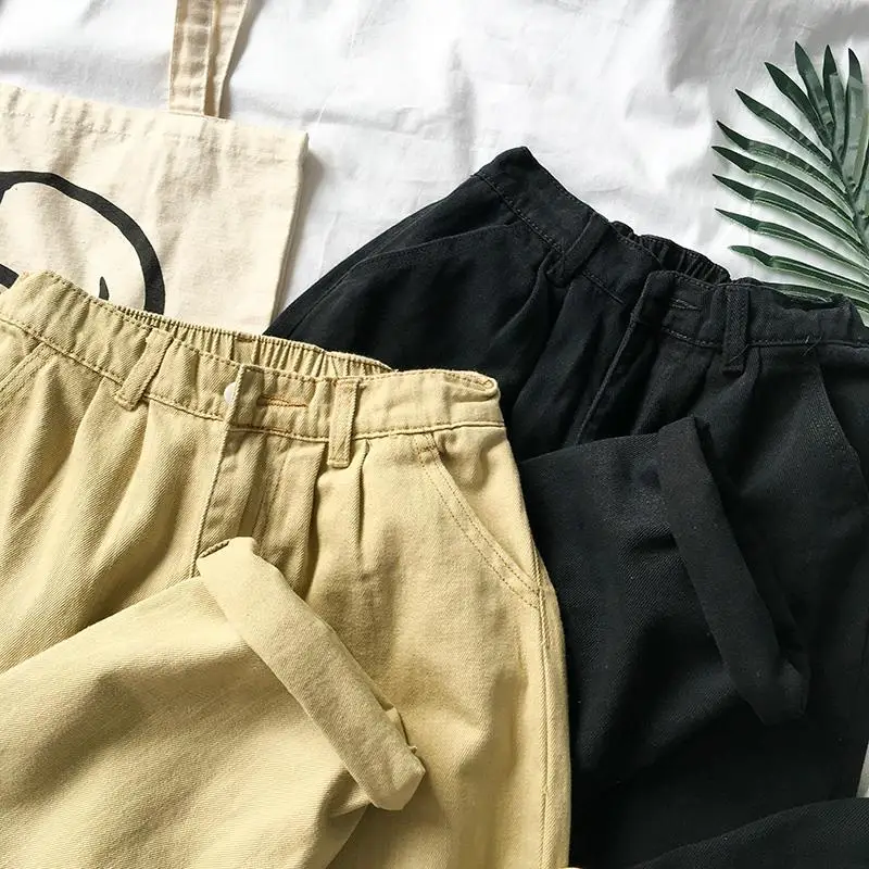 

Jeans Women Elastic-waist Solid Straight Washed Students Korean-style Casual Loose Denim Retro Spring All-match Fashion Chic New