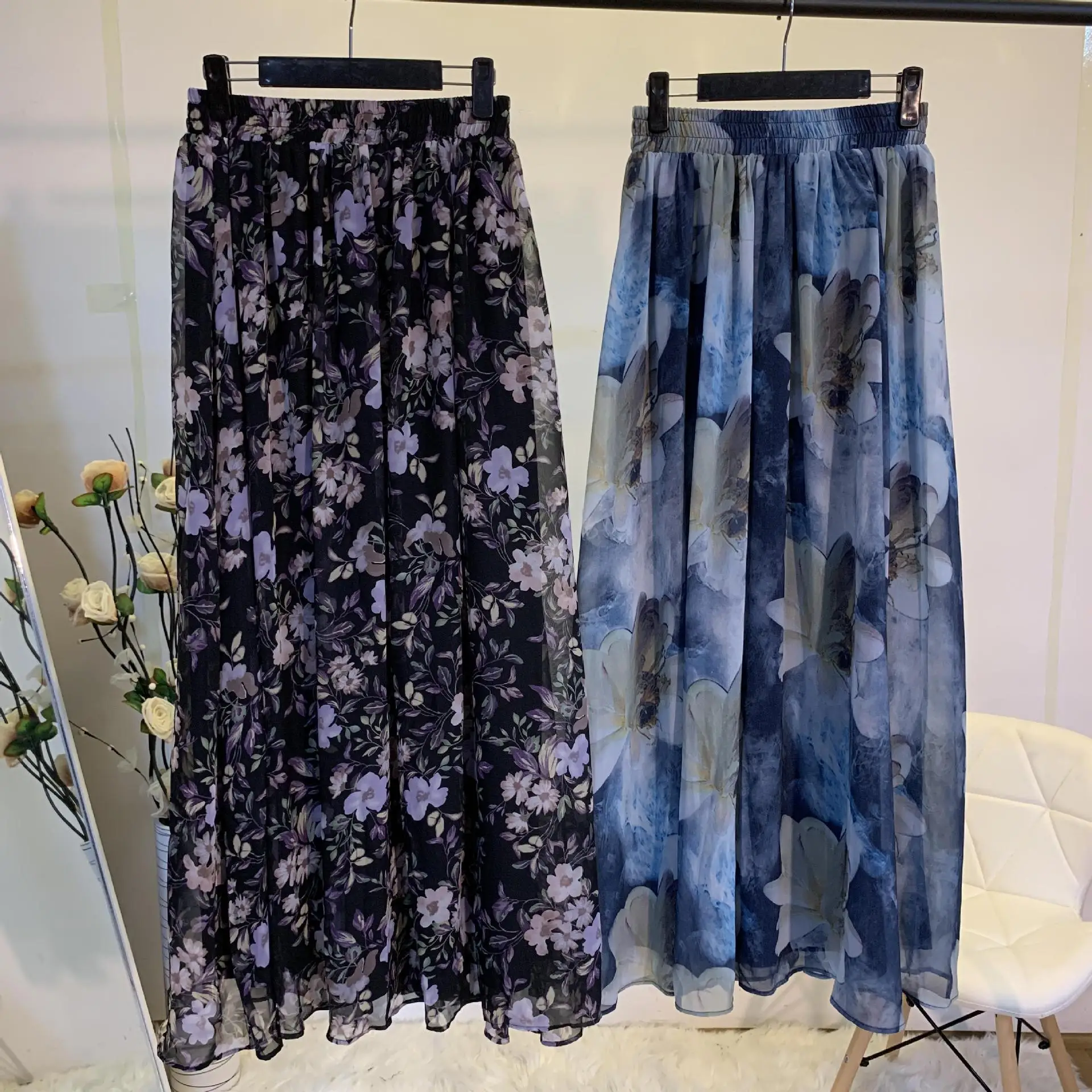 

Donsignet Women Skirt Fashion Floral Print A-Line Skirts Casual Chiffon Ankle-Length Skirts for Women Dubai Turkey Muslim Skirts