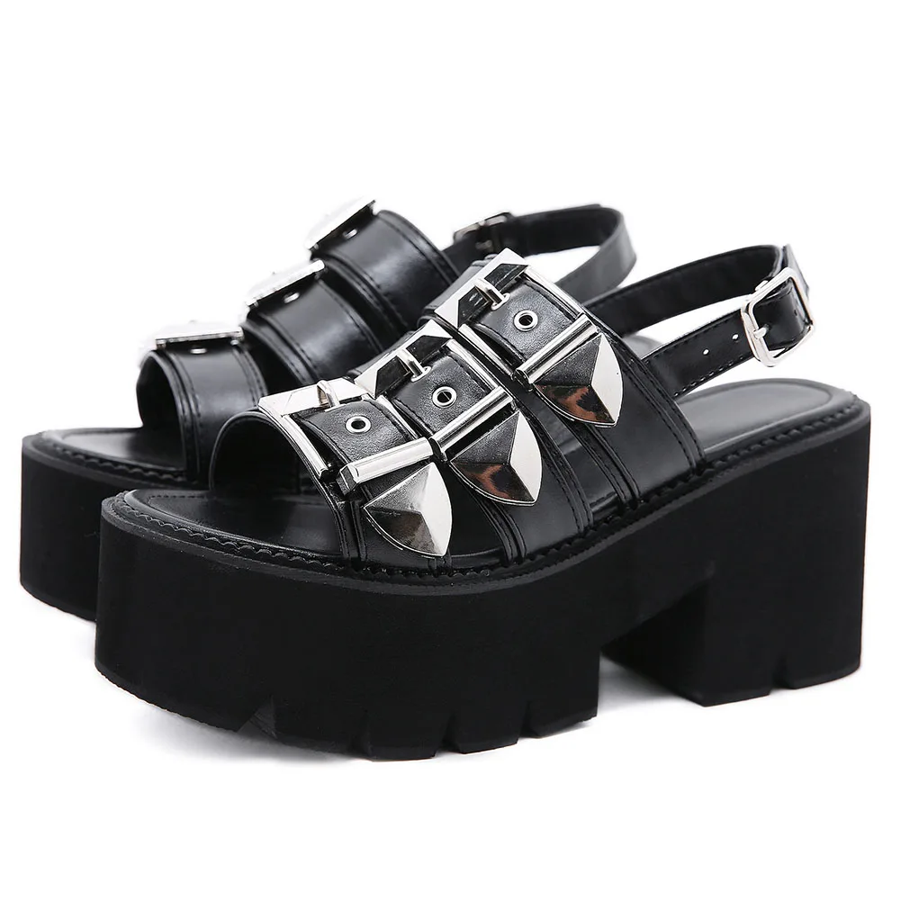 

RIBETRINI The Big Size 42 Women Shoes Women Solid Buckle Platform Open Toe Sandals Punk Gothic Cool Fashion Shoes Woamn