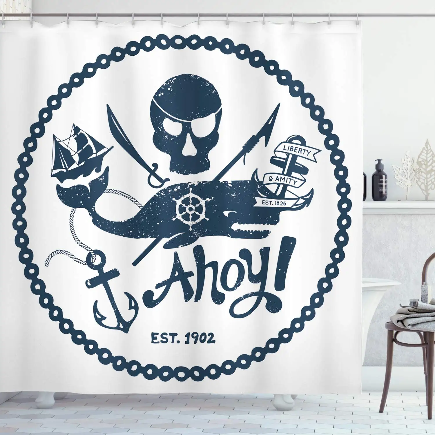 Якорь занавеска для душа Винтажный стиль морской пиратский череп и Кит дизайн с