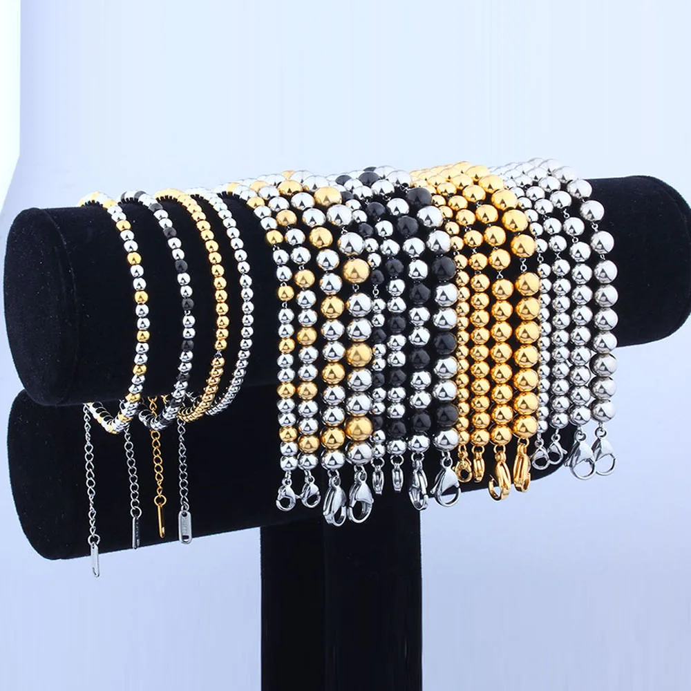 Браслет с бусинами для мужчин и женщин золотистый черный браслет из нержавеющей