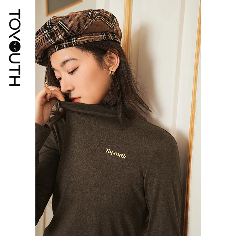

Toyouth Women Bottoming T-shirt 2021 Winter Long Sleeve High Neck Slim Tees Dralon Self Heating Fabric Basic All Match Tops