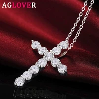 aglover aaa zircon 18 inch chain 925 sterling silver cross pendant necklace for woman fashion charm wedding jewelry gift