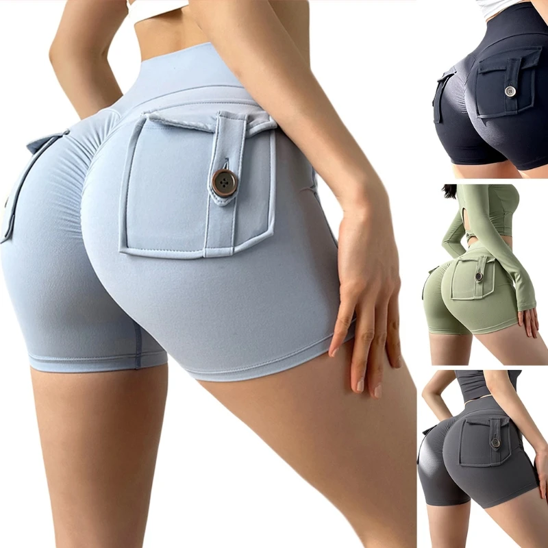 

Women High Waisted Skinny Yoga Shorts Solid Color Butt Lifting Ruched Workout Cargo Hot Pants Flap Pockets Running Gym