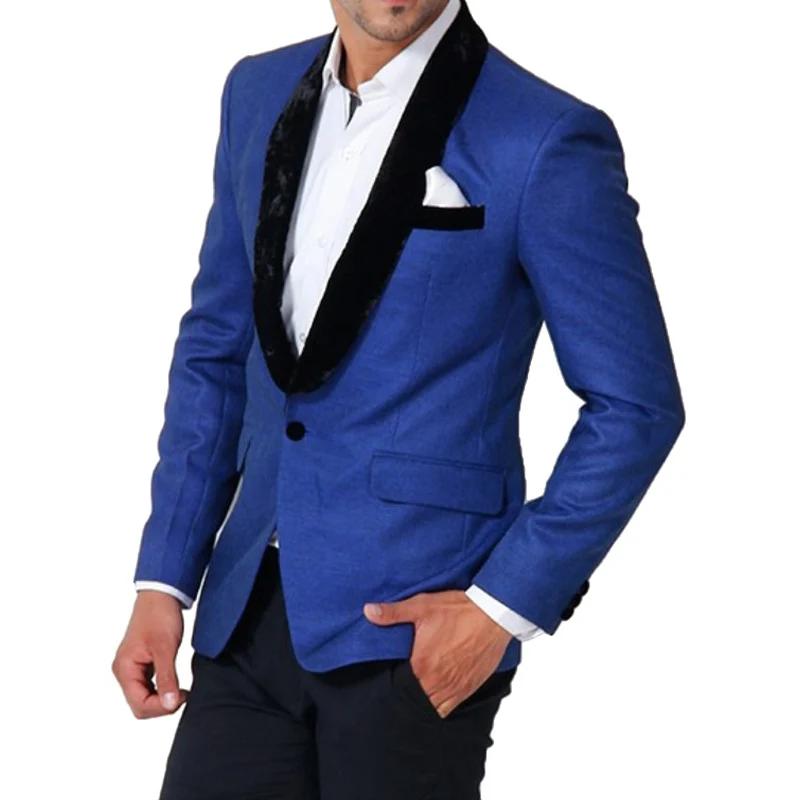

2 piece Slim fit Men Suits for Boyfriend Prom Custom Royal Blue Groom Tuxedo with Black Pants Man Fashion Set Jacket New