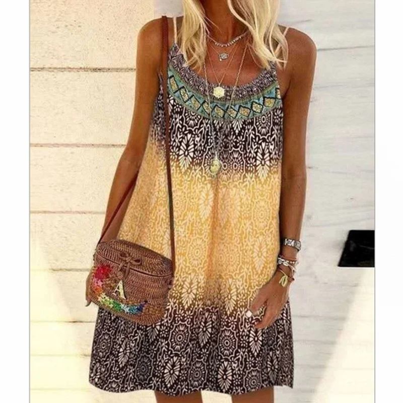

Платье женское в богемном стиле, повседневный свободный пляжный Мини Сарафан без бретелек в ретро стиле, без рукавов