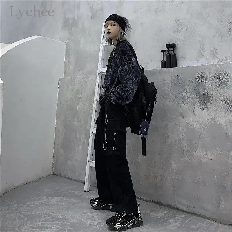 

Lychee Harajuku Solid Color Chain Women Pants Loose Pockets Zipper Elastic Waist Female Trousers Casual Autumn Bottoms