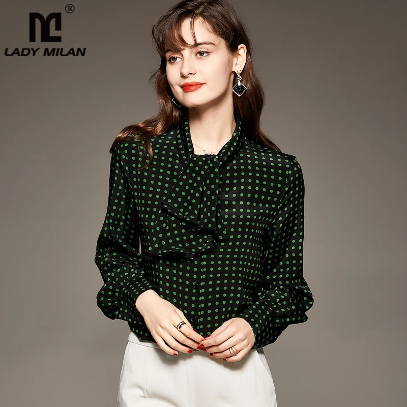 

100% Silk Women's Shirt Long Lantern Sleeves Sashes Polka Dots Printed Fashion Pullover Blouse Camisas