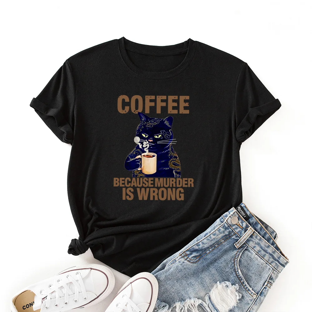 

Coffee Cat Funny Print Woman Short Sleeve Colored Cotton Graphic Tees Summer T-Shirt Female Tops Shirts for Women Harajuku