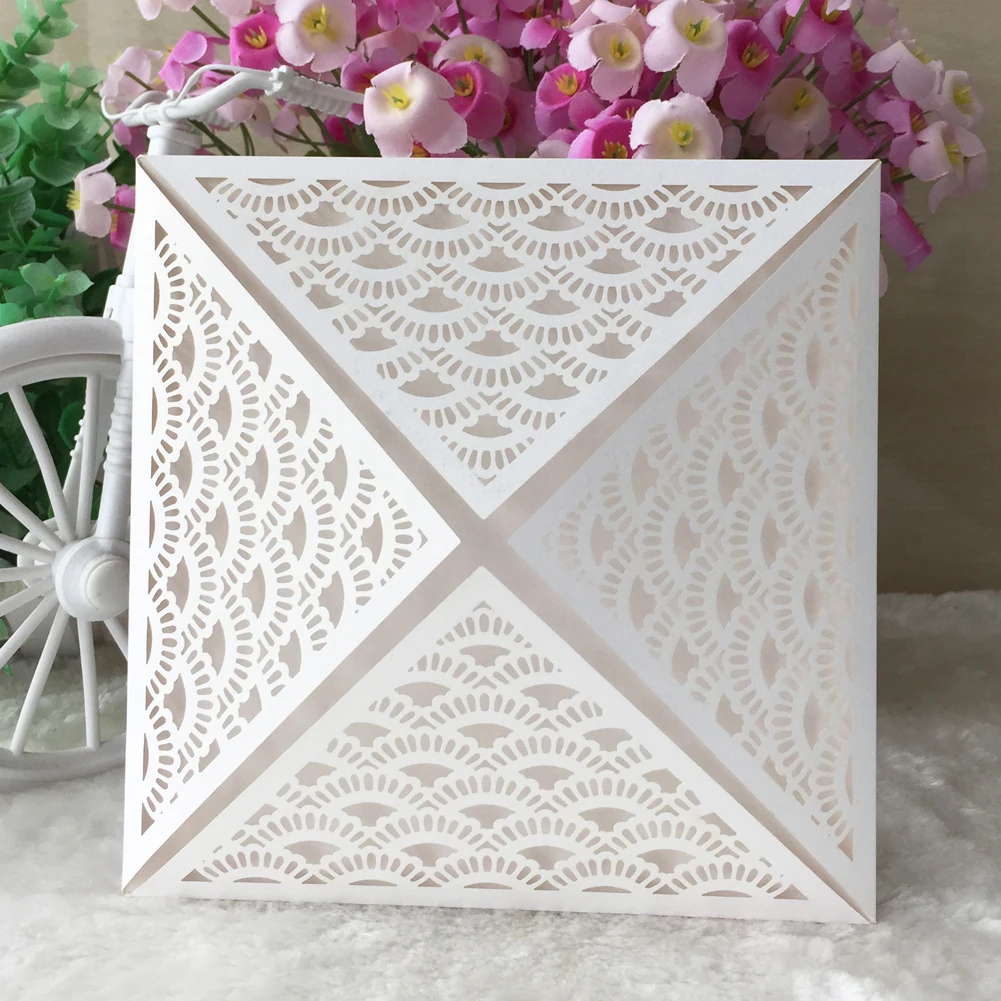 

50pcs/lot Four-Folding Wedding Invitation Card , Bridal Shower Ceremony , White Pearl Paper Christening Festival Invitations