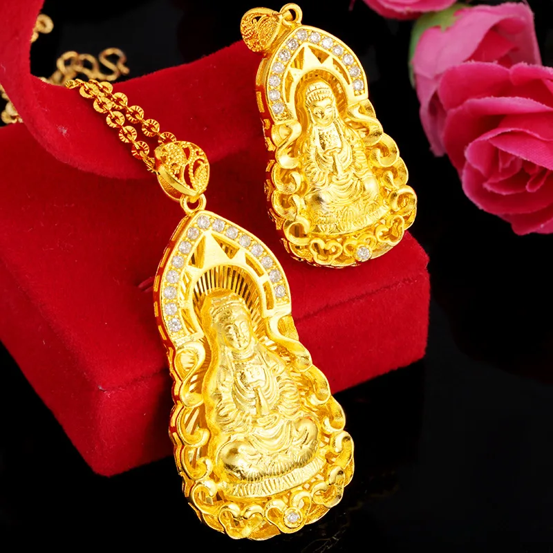 

24K gold plated high imitation gold Buddha statue inlaid with 3A zircon Maitreya Buddha female natal Guanyin pendant necklace