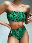 Зеленое бикини с высокой талией и принтом 2020, комплект бикини-бандо с высокими штанинами, купальник, женский купальник из двух предметов, женский купальный костюм, бикини