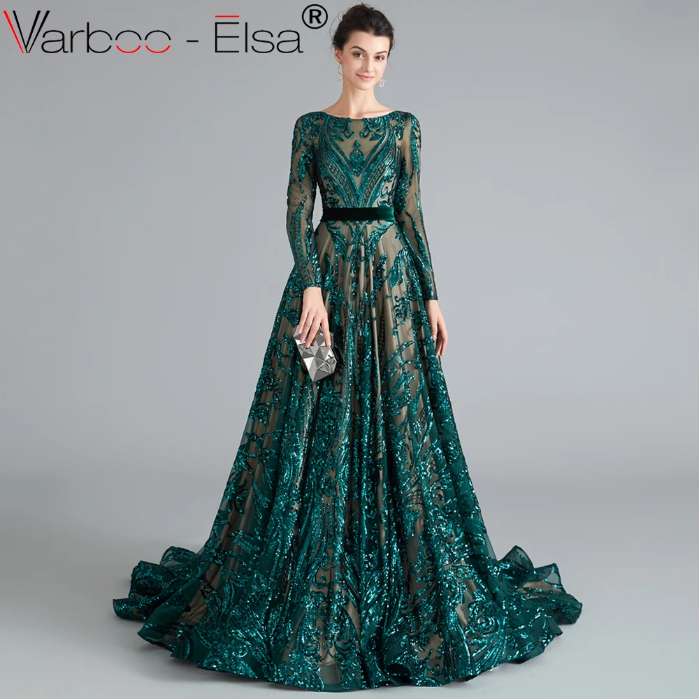 VARBOO_ELSA green Robe De Soiree Длинные вечерние платья с длинными рукавами и поясом, торжественное платье с блестками, женские вечерние платья