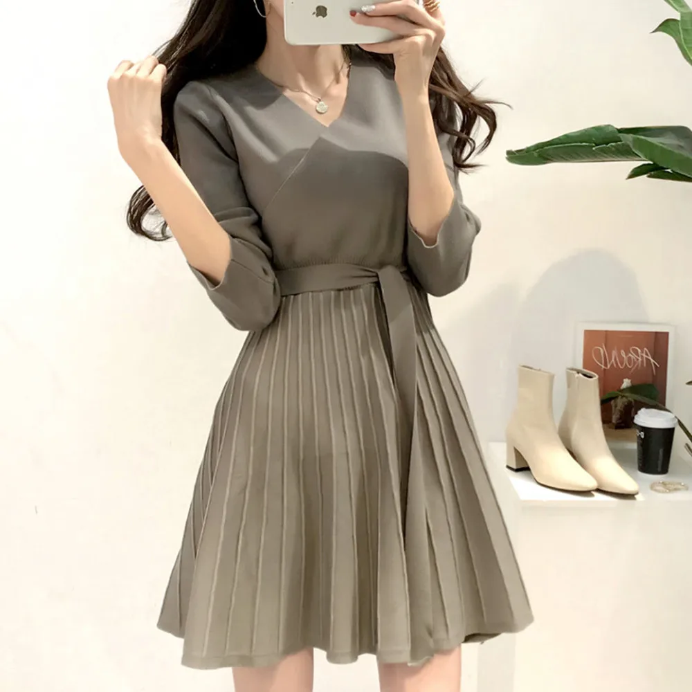 

Женское трикотажное платье SMTHMA, облегающее платье-свитер с v-образным вырезом и длинным рукавом, плиссированное платье, новинка 2021