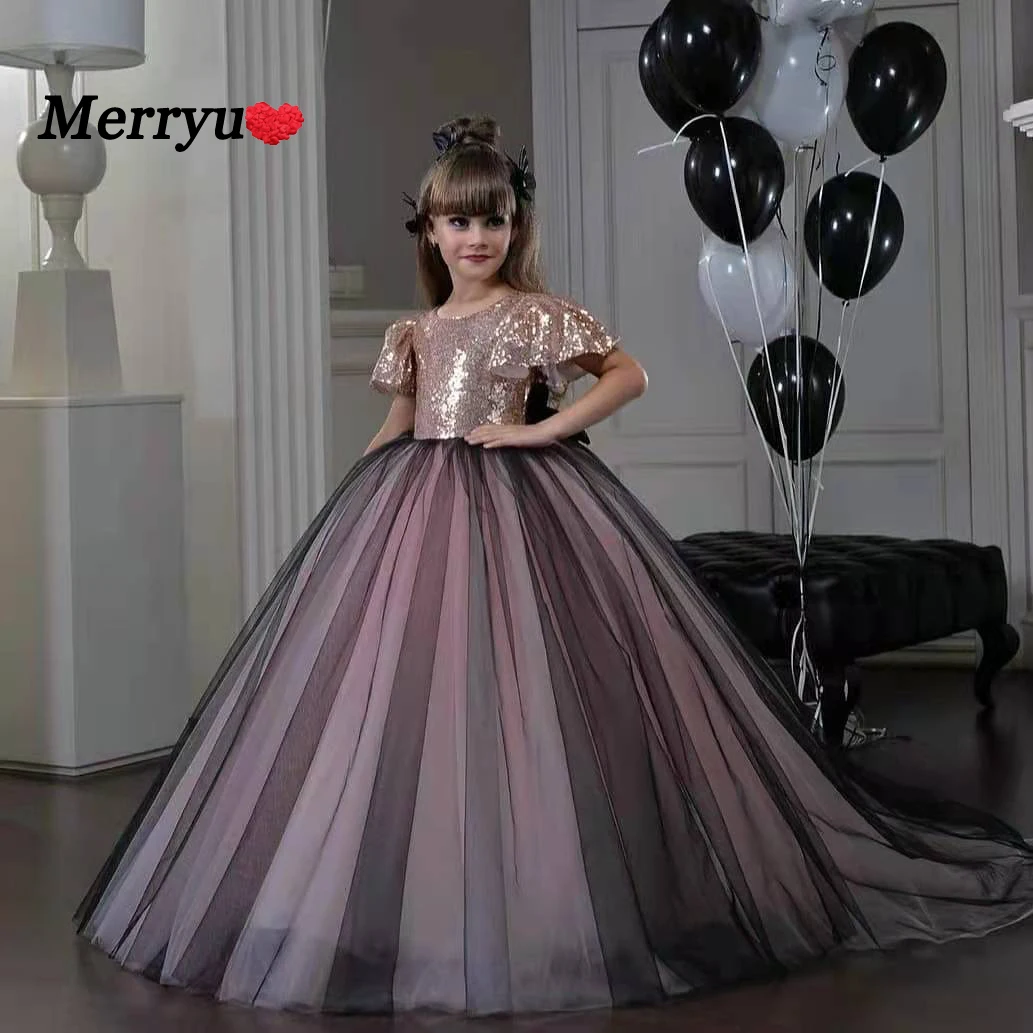 

Sequin Flower Girl Dress Short Puff Sleeves Big Girl Dresses Ball Pageant Gowns Birthday Party Dress